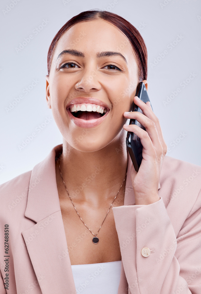 Portrait, phone call and funny woman in communication in studio isolated on a white background. Face