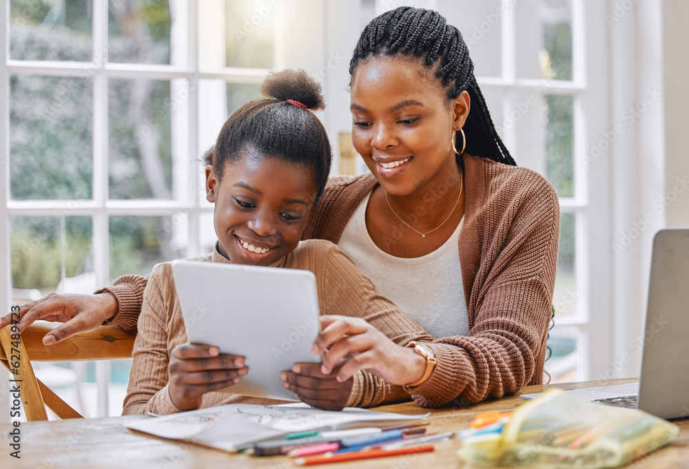 Home, black mother and girl with a tablet, learning or typing with website information, connection o