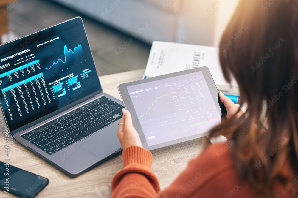 Woman with laptop, tablet and stock market, information and research in business management for data