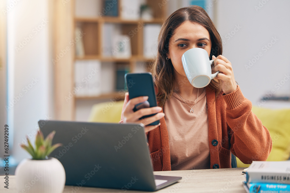 Remote work from home, coffee and woman with smartphone, message and research for a project. Female 