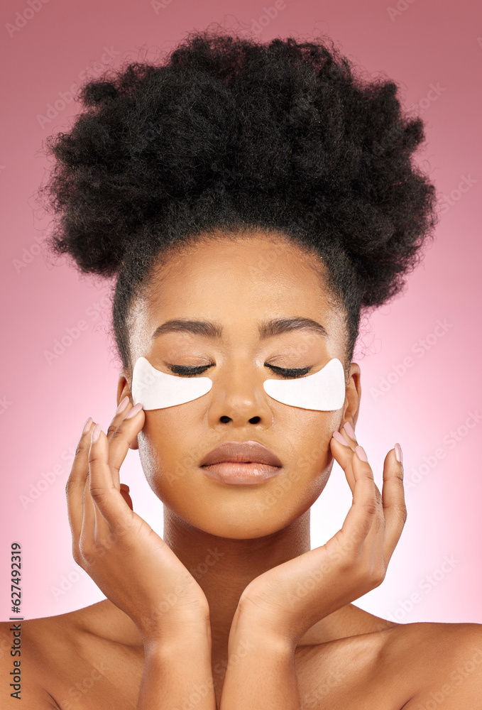 Skin, eye patch or face mask of a woman for dermatology, wellness and skincare glow. Collagen, detox