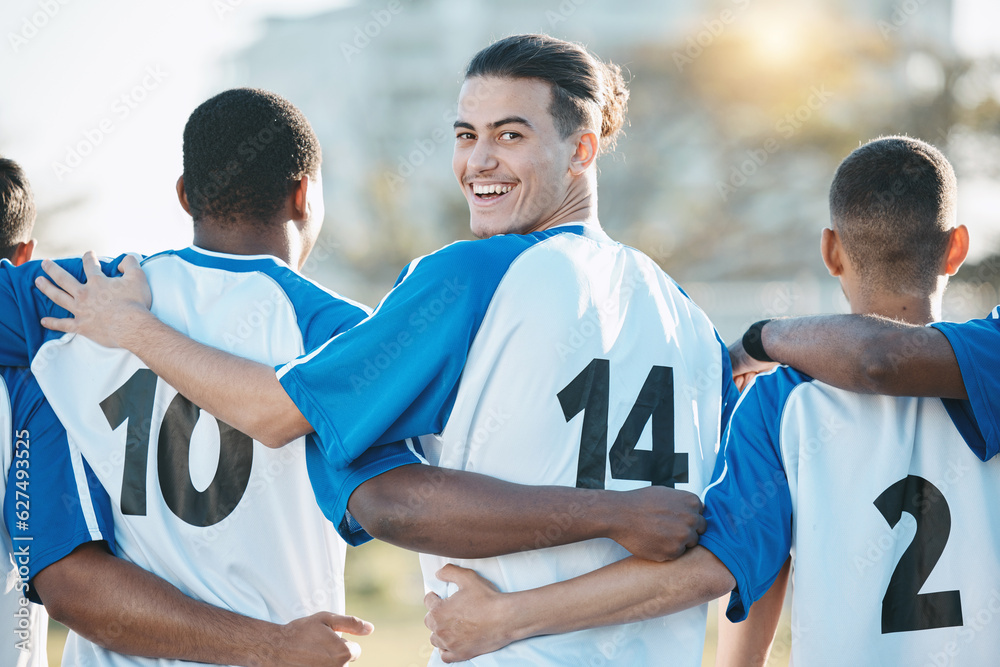 Start, teamwork or portrait of soccer player on field for training, challenge and championship game.