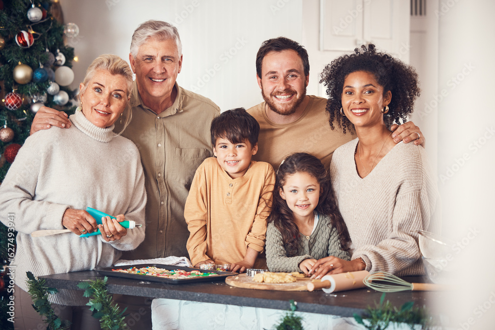 Christmas, portrait and family cooking cookies in home kitchen, bond and together. Xmas, baking food