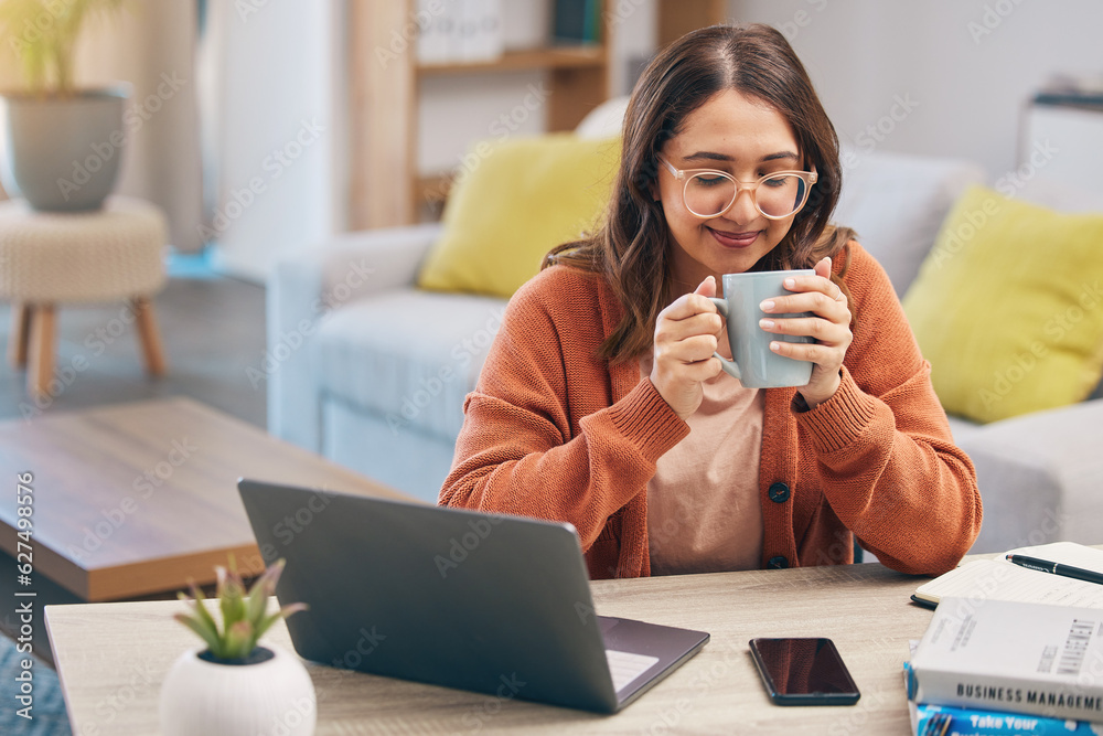 Happy woman, student and coffee by desk for morning study, knowledge or education at home. Female pe