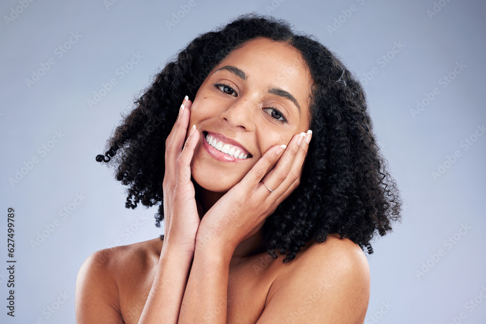 Happy, beauty and portrait of a woman with hands on face for dermatology, cosmetics and natural make