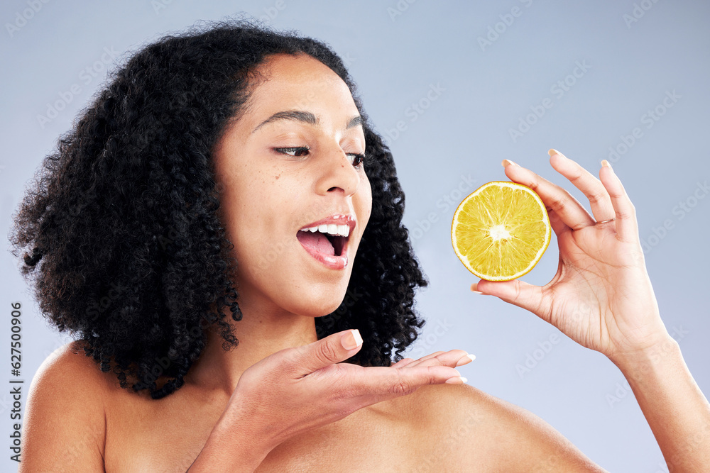 Skincare, excited and woman with lemon in studio isolated on a white background. African model, natu