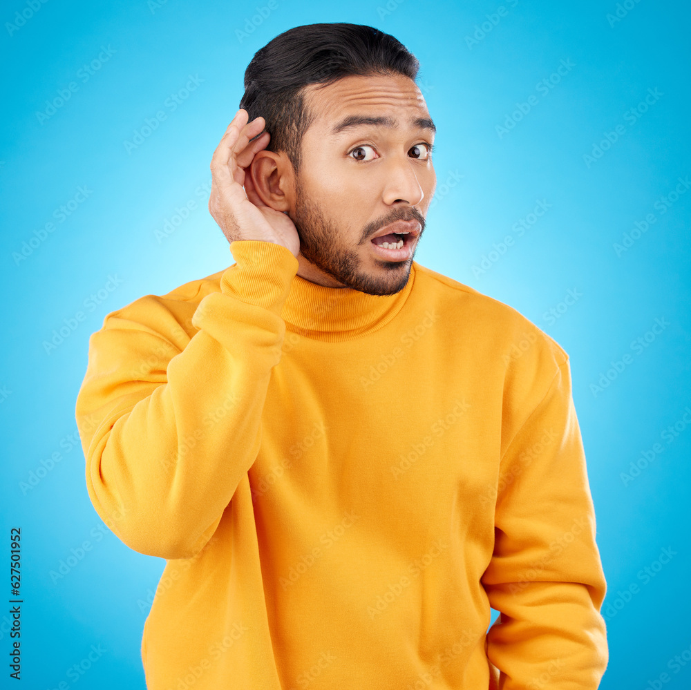 Attention, surprise and asian man with listening to news with asian in studio background for informa