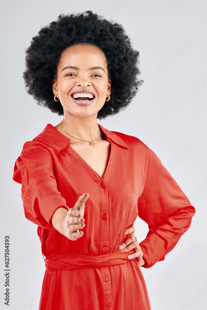 Black woman, portrait and handshake in studio for agreement, partnership deal and onboarding. Happy 