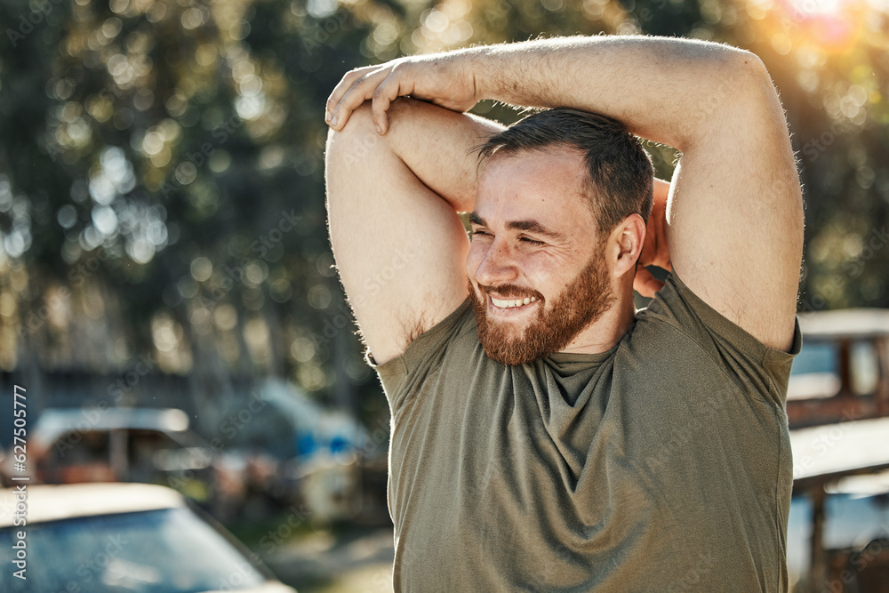 Smile, thinking and a man stretching for fitness, running or an outdoor workout in nature. Happy, id