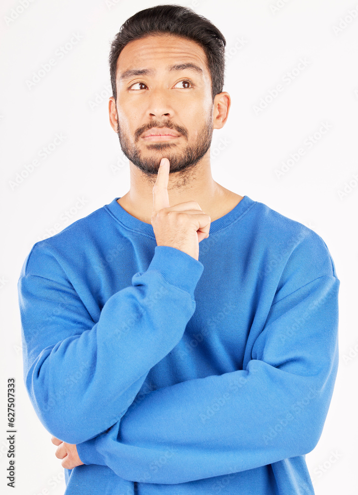 Asian man, thinking face and ideas in studio, white background and vision of mindset, planning futur