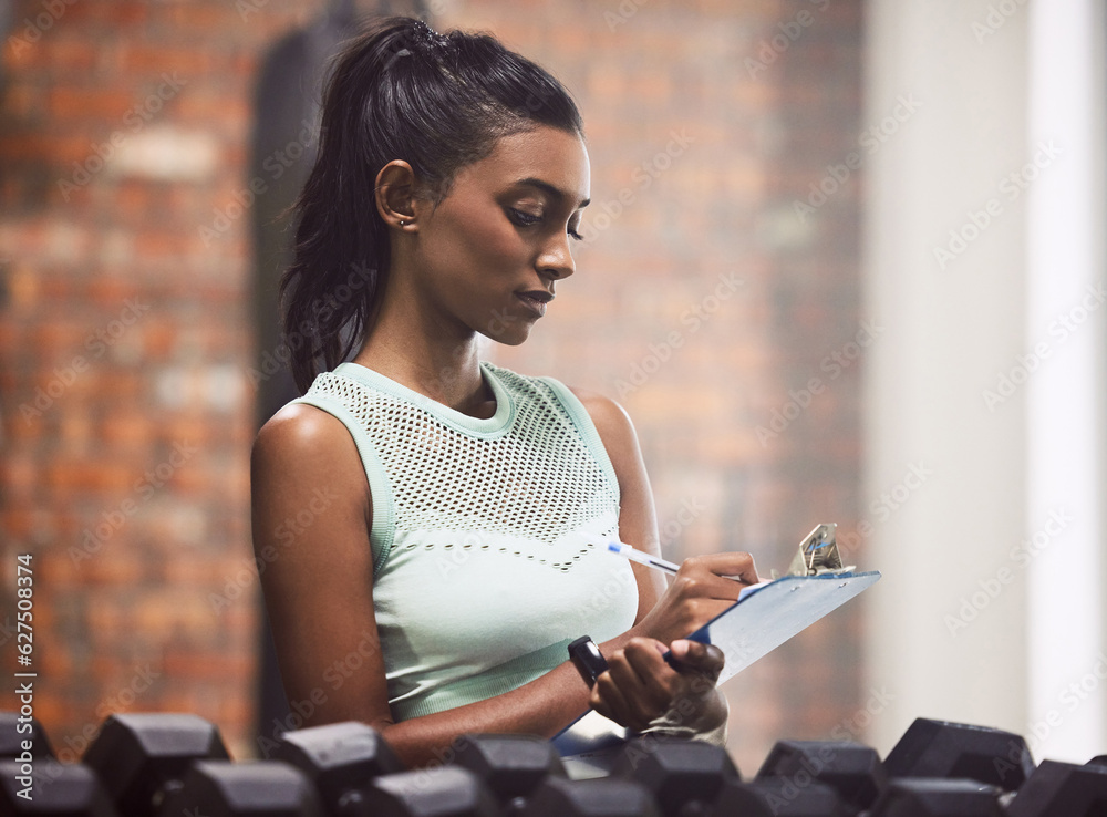 Entrepreneur, clipboard and woman in a gym, inventory and exercise with inspection for hygiene, chec