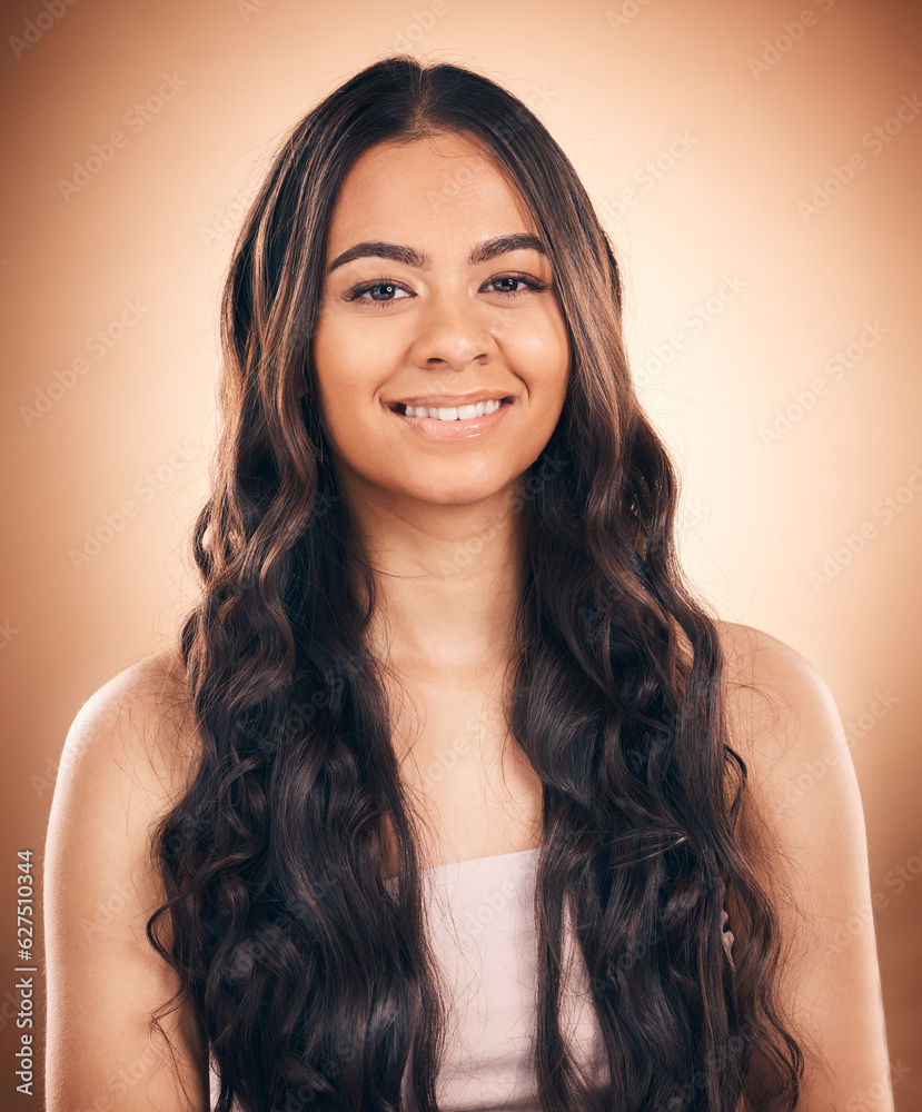 Face, curly hair and beauty of woman in studio isolated on a brown background. Hairstyle, natural co