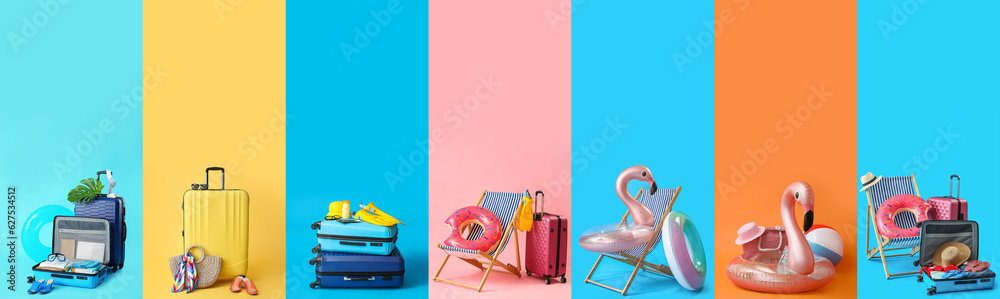 Set of beach accessories with packed suitcases on color background