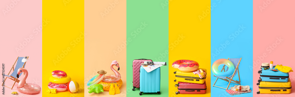 Collection of beach accessories with packed suitcases on color background