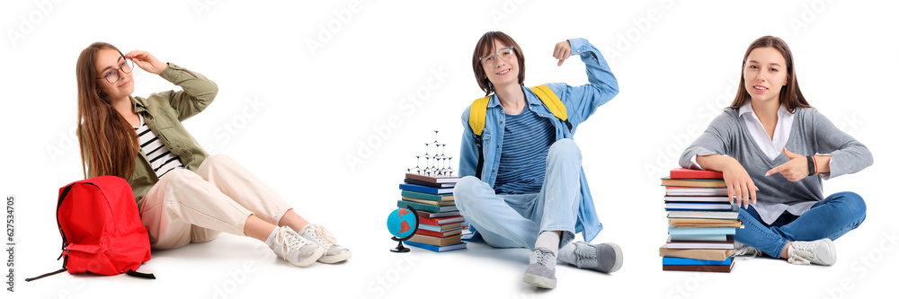 Set of students on white background