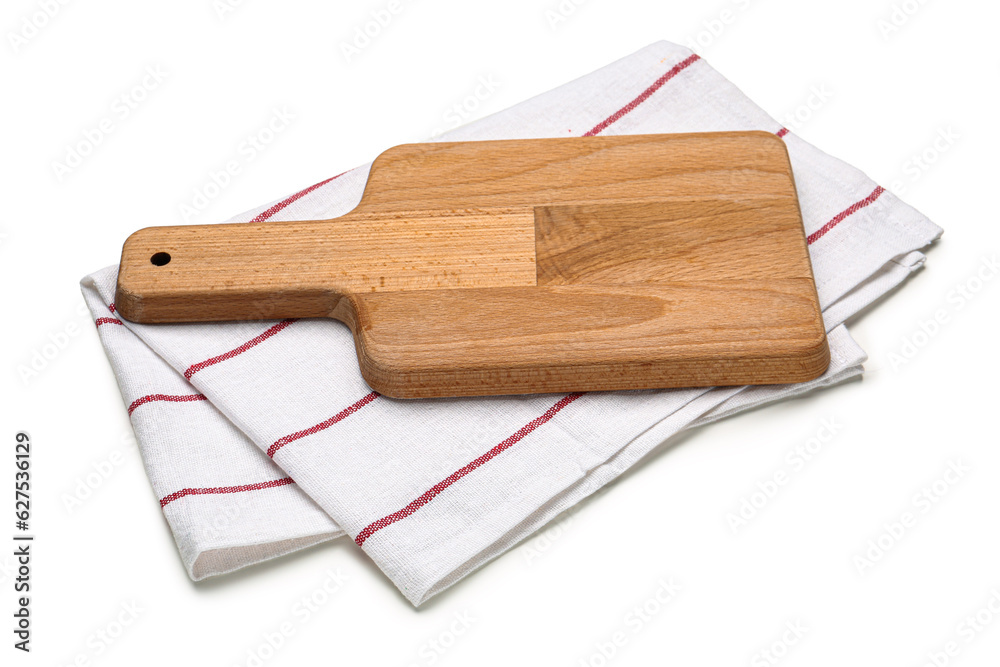 Wooden kitchen board with napkin isolated on white background