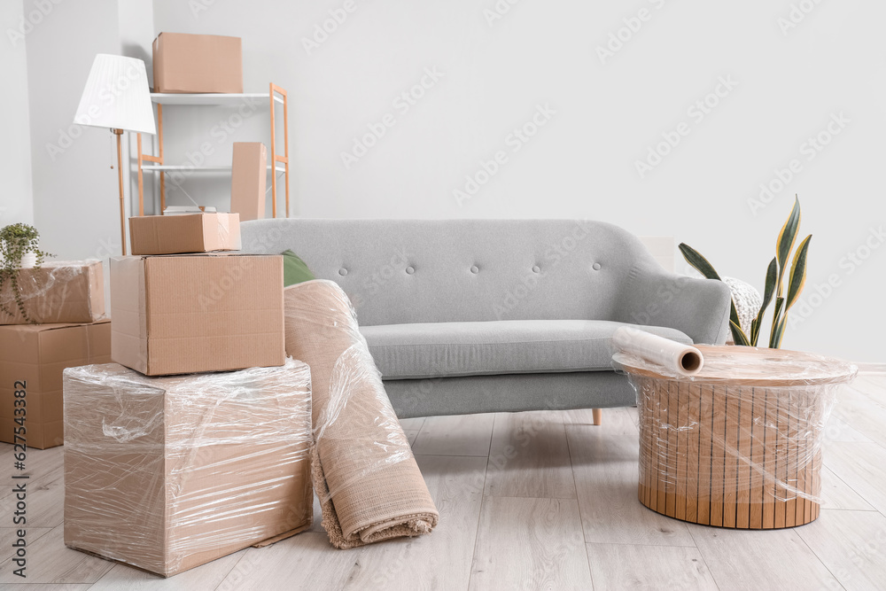 Sofa with rolled carpet and cardboard boxes in living room on moving day