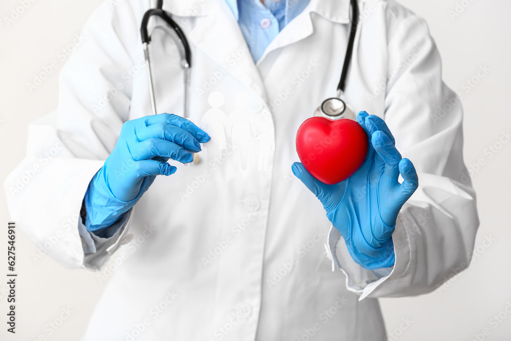 Female doctor with figures of family, heart and stethoscope on white background. Health care concept