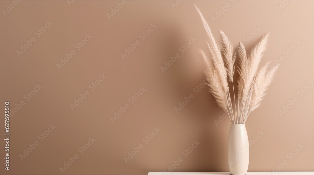 Vase with decorative dry plant branch against beige wall background. Minimalist interior mockup. Gen