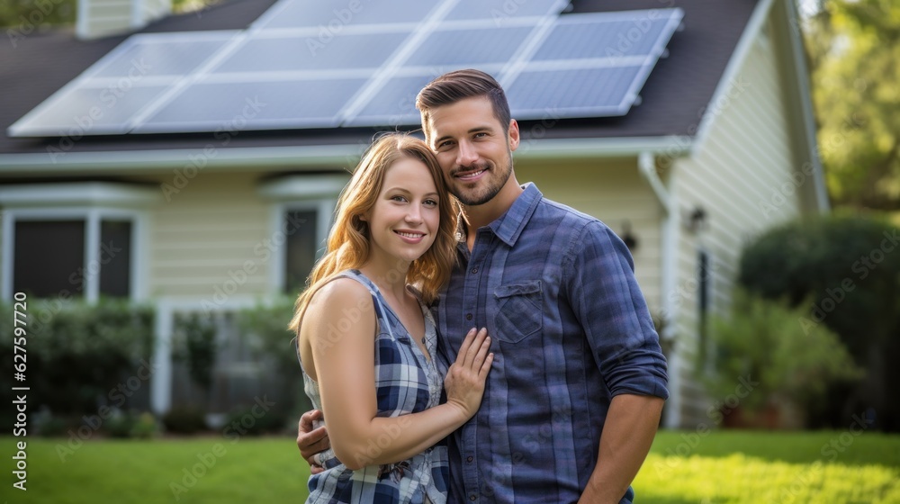 A happy couple stands smiling in the driveway of a large house with solar panels installed. Real est