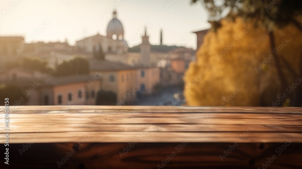 Wood table mockup with Rome city street in shallow depth of field. Copy space for product. Generativ