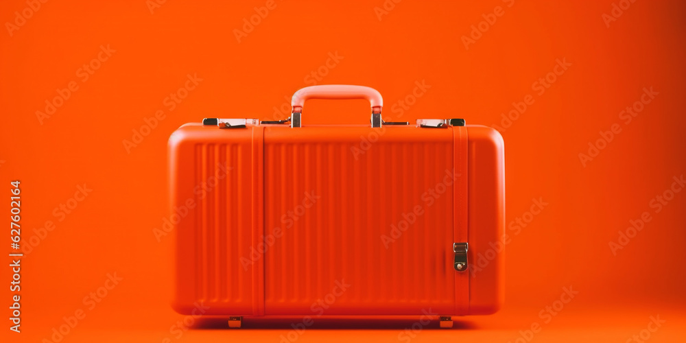 Orange travel suitcase, on orange background. Trip concept. Generative AI