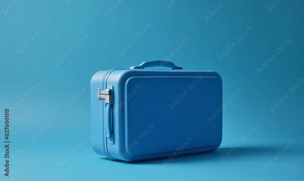 Blue travel suitcase, on blue background. Trip concept. Generative AI