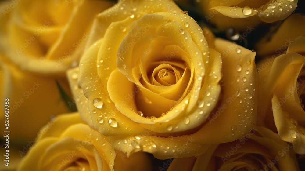 Yellow Roses flowers with water drops background. Closeup of blossom with glistening droplets. Gener