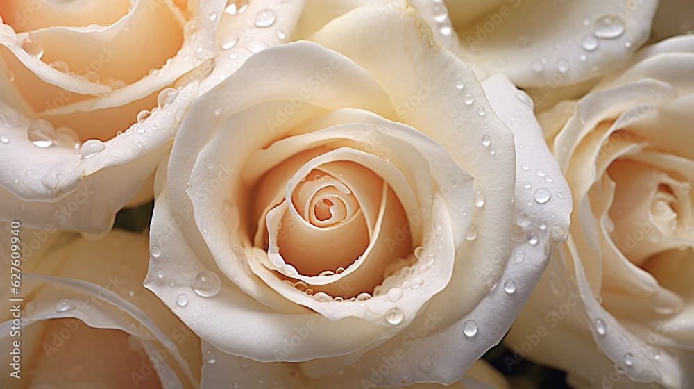 Creamy Roses flowers with water drops background. Closeup of blossom with glistening droplets. Gener