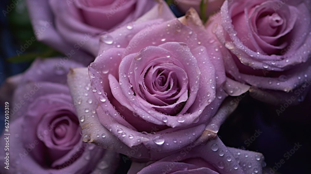 Purple Roses flowers with water drops background. Closeup of blossom with glistening droplets. Gener