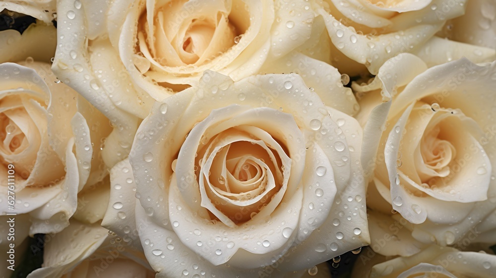 Creamy Roses flowers with water drops background. Closeup of blossom with glistening droplets. Gener