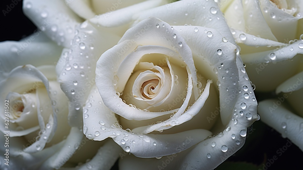 White Roses flowers with water drops background. Closeup of blossom with glistening droplets. Genera