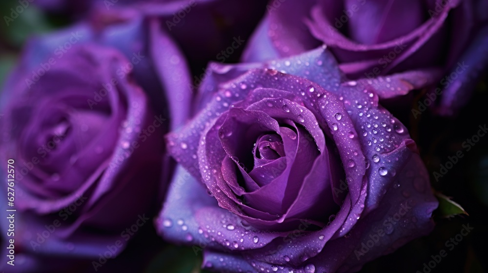 Purple Roses flowers with water drops background. Closeup of blossom with glistening droplets. Gener