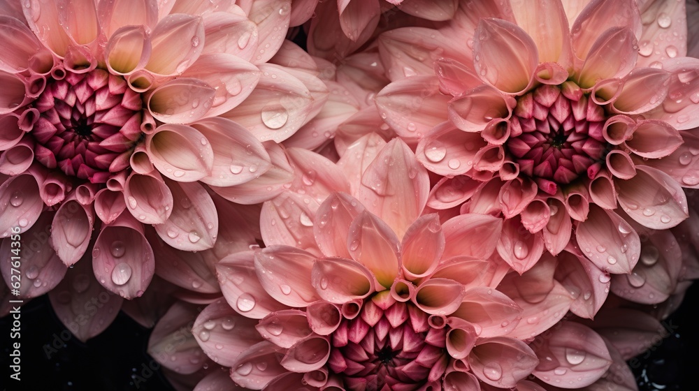 Pink Dahlia flowers with water drops background. Closeup of delicate blossom with glistening droplet