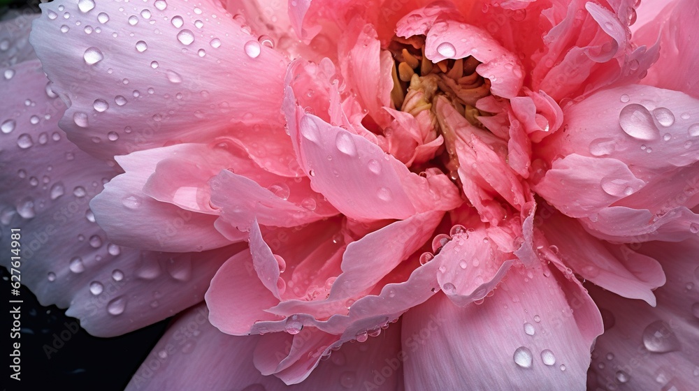 Pink Peony flowers with water drops background. Closeup of blossom with glistening droplets. Generat