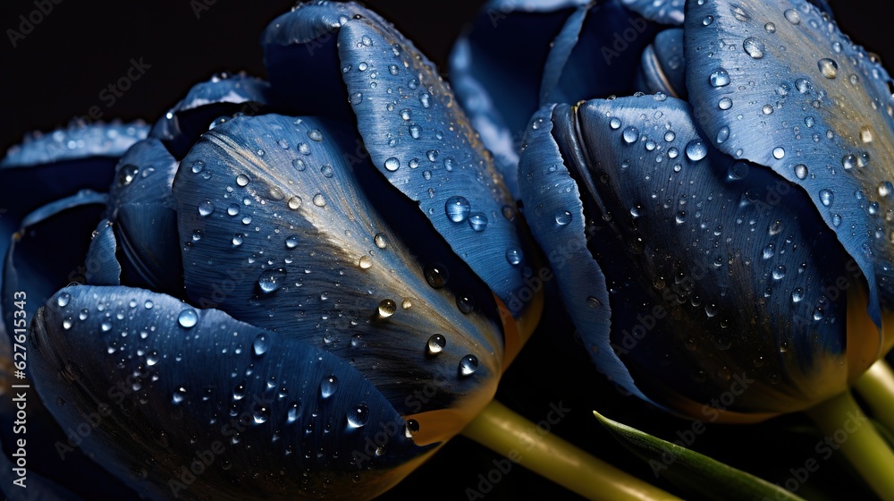 Blue Tulips flowers with water drops background. Closeup of blossom with glistening droplets. Genera