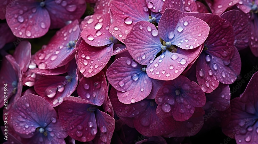 Purple Hydrangeas flowers with water drops background. Closeup of blossom with glistening droplets. 