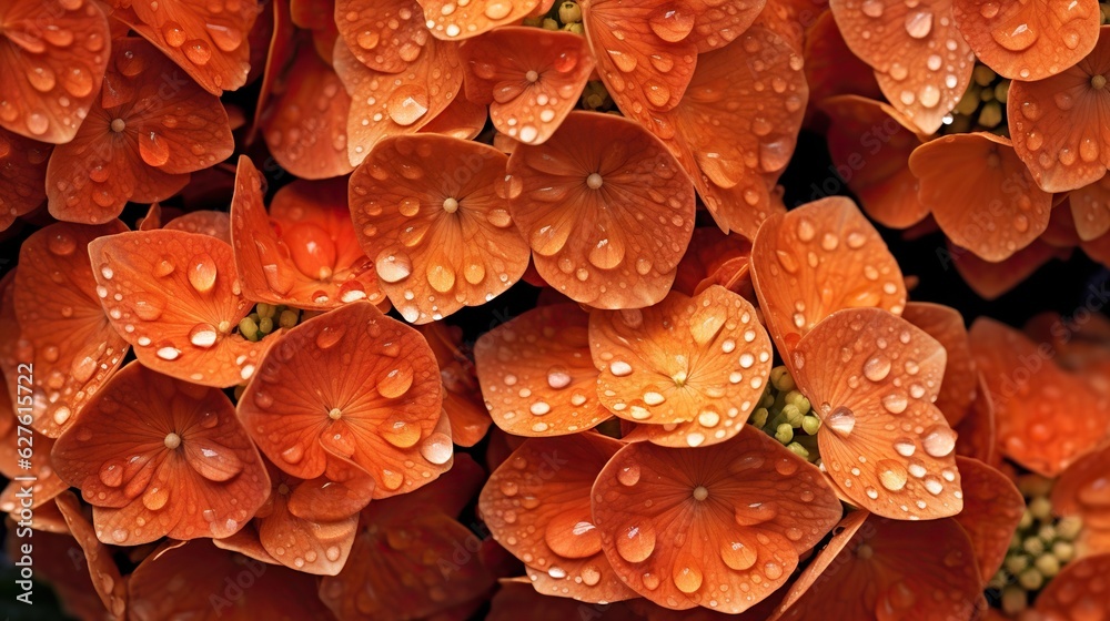 Orange Hydrangeas flowers with water drops background. Closeup of blossom with glistening droplets. 