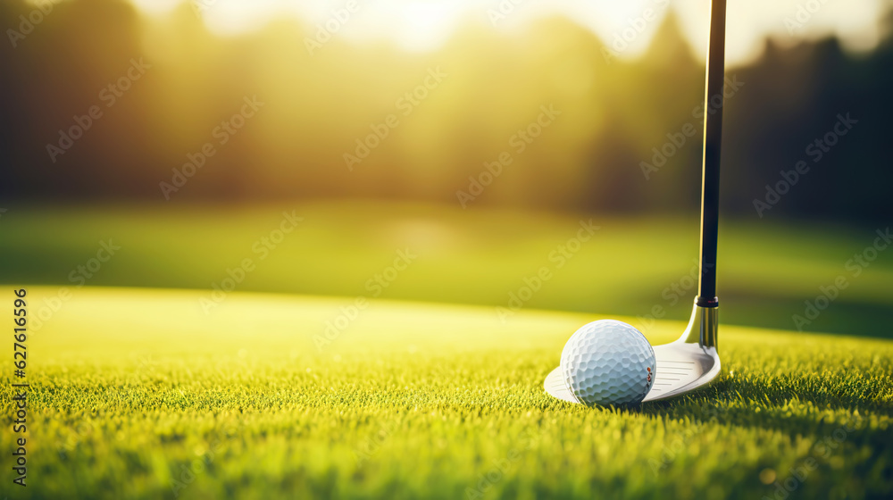 Golf club and golf ball on green grass background. Blurred backdrop. Outdoor sport on a sunny day. G