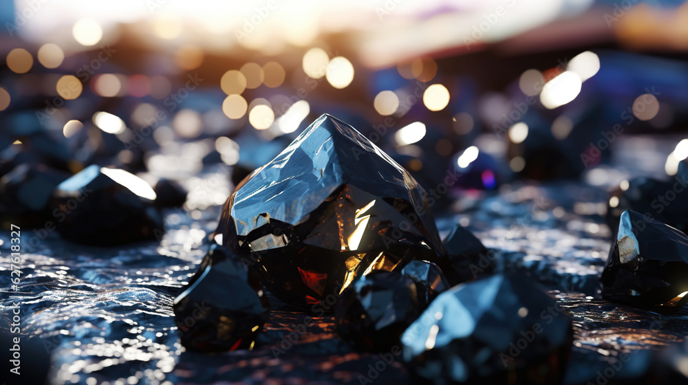 Amazing bright and shiny Obsidian crystal cluster background. Jewel mineral detailed macro. Generati