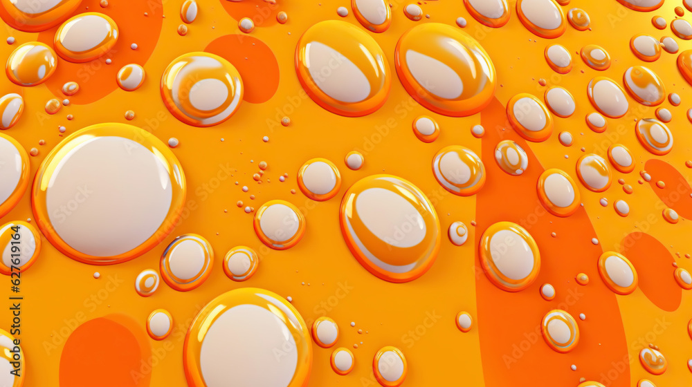 Abstract white paint drops mixed in orange oil background. Non-mixing fluids pattern. Generative AI