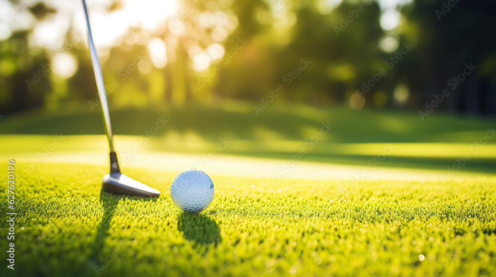 Golf club and golf ball on green grass background. Blurred backdrop. Outdoor sport on a sunny day. G