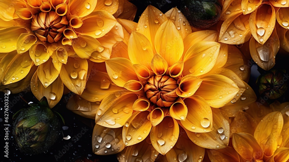 Yellow Dahlia flowers with water drops background. Closeup of delicate blossom with glistening dropl