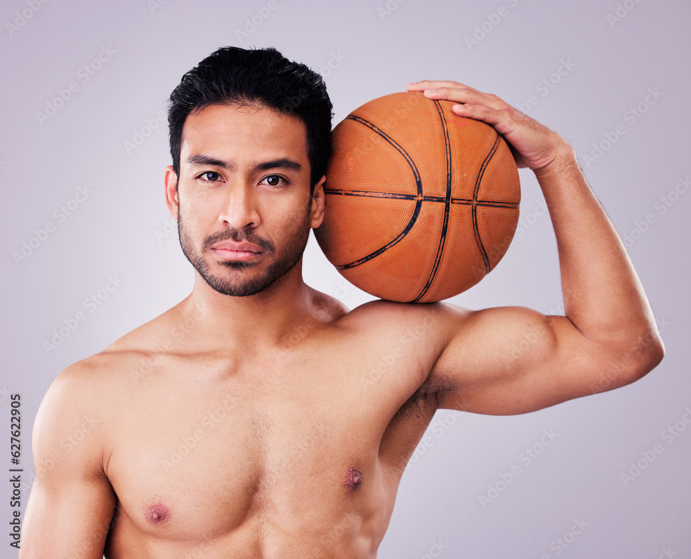 Portrait, basketball and body with a sports man in studio on a gray background for training or a gam