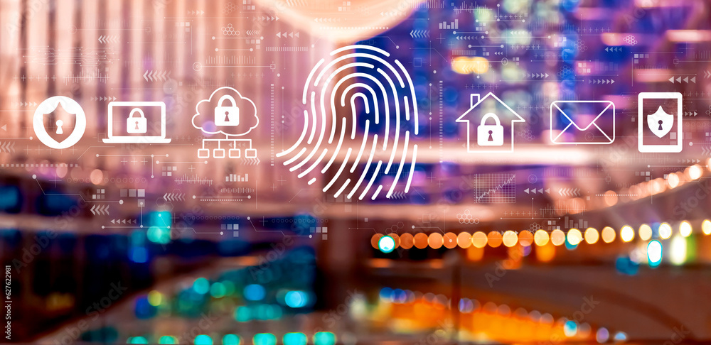 Fingerprint scanning theme with big city lights at night