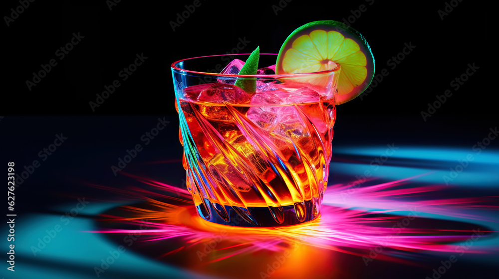 Glass of cocktail in hypnotic neon light. Colorful rave party drink. Generative AI