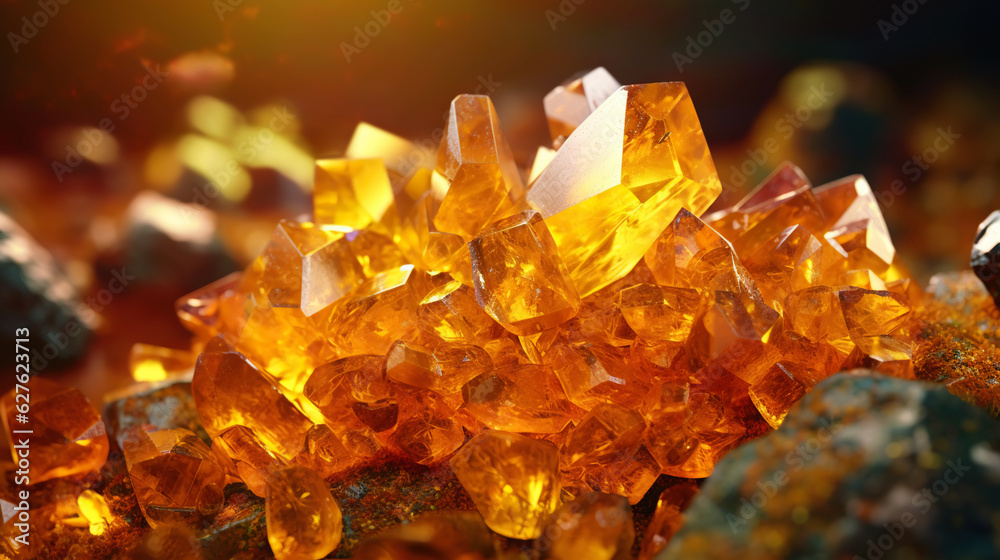 Amazing bright and shiny Wulfenite crystal cluster background. Jewel mineral detailed macro. Generat