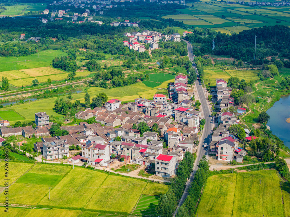 Overlook of Chinese rural houses and river scenery