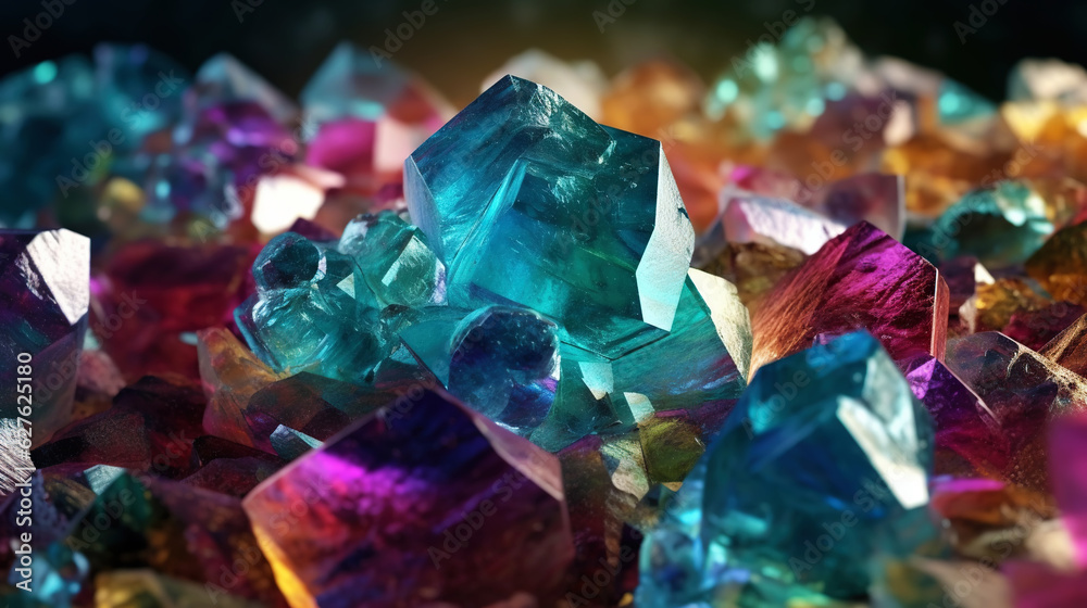 Amazing bright and shiny Fluorite crystal cluster background. Jewel mineral detailed macro. Generati