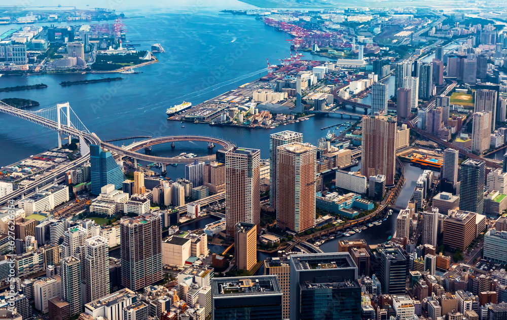 Aerial view of the Rainbow Bridge in Odaiba, Tokyo, Japan